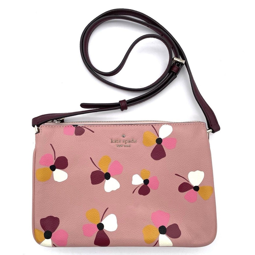 Kate Spade Pink Floral Pebbled Leather Triple Gusset Crossbody Bag COA